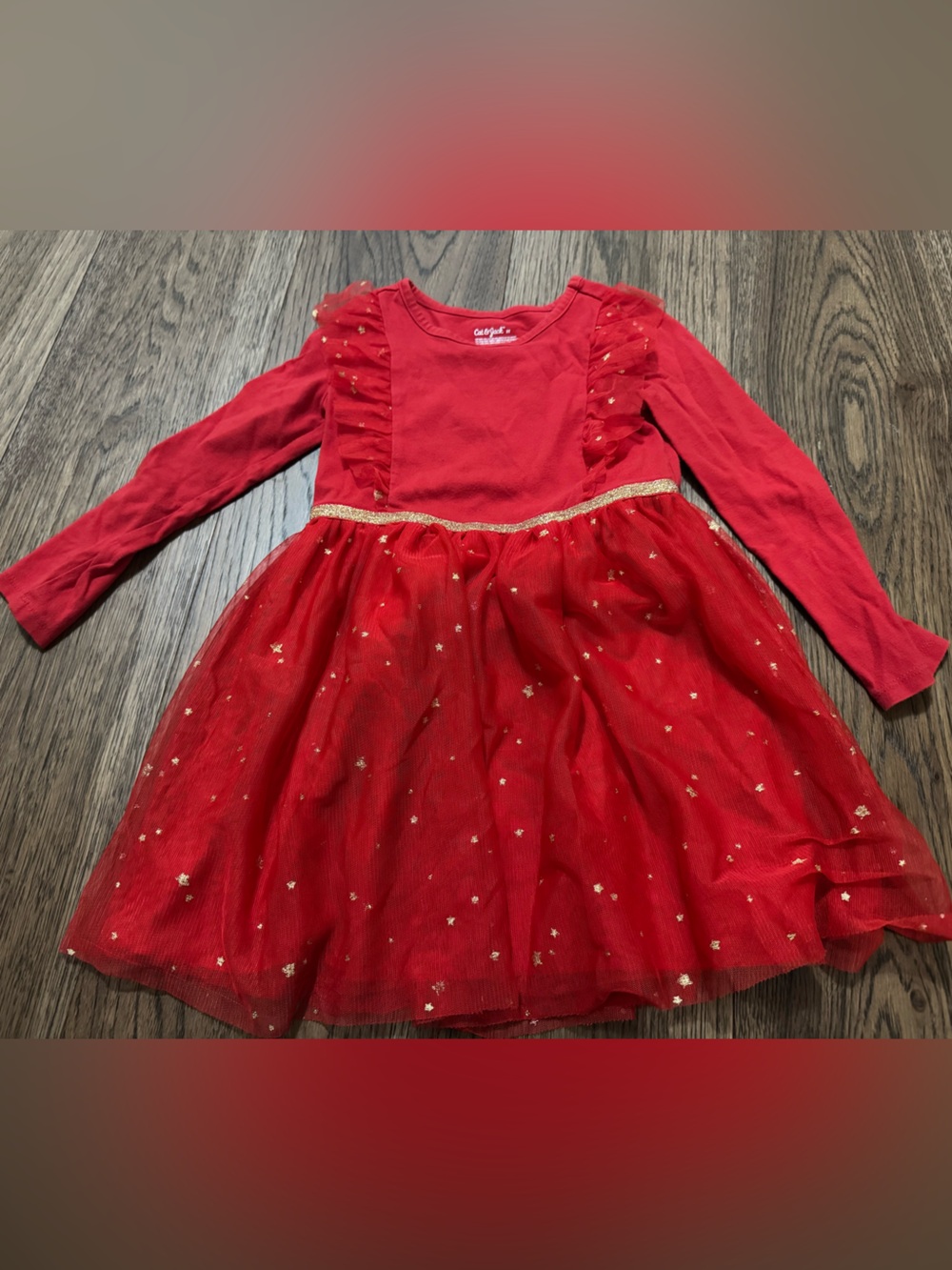 Cat & Jack Red Long-Sleeve Tulle Dress with Gold Star Accents - Holiday